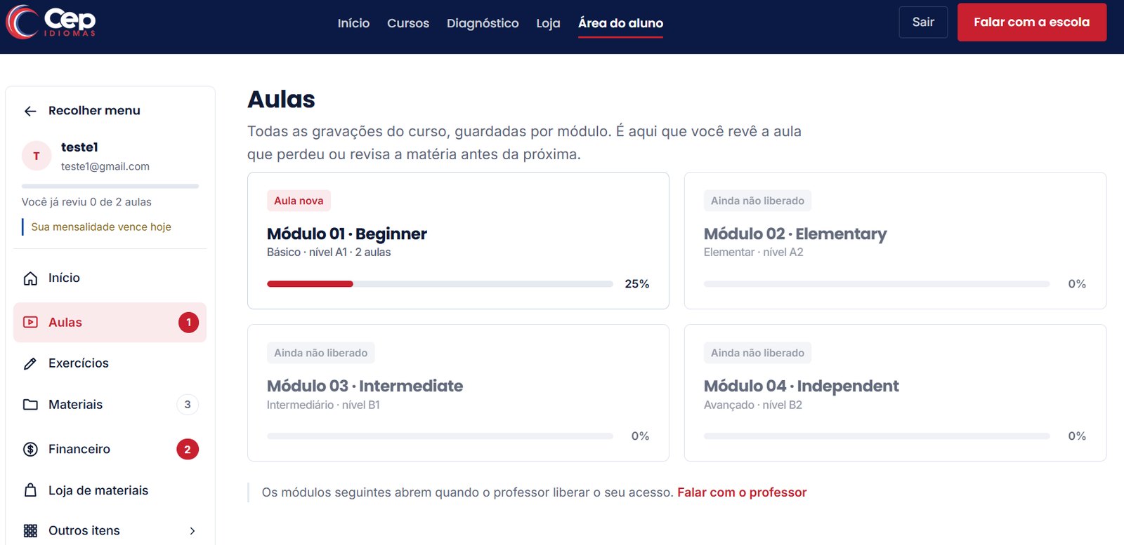 Tela de Aulas da Área do Aluno do CEP Idiomas: módulos por nível com barra de progresso, e o menu lateral com aulas, exercícios, materiais e financeiro